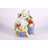 20th century Chinese famille rose porcelain model of Pu Tai with children crawling over him, 24cm