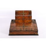 Victorian Gothic revival brass bound burr walnut writing slope having stationary box to the top,