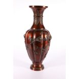Japanese bronze vase, the lobed body decorated with birds and flowering branches in relief, 47 cm,