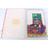 Chinese silk covered book containing twelve rice paper paintings with retail label for Wing Tai