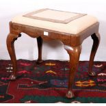 19th century French style walnut framed stool with shaped skirt raised on cabriole supports, 54cm