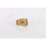 18ct gold snake ring set with five graduated diamonds, the largest approximately 0.1ct, hallmarks