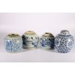 Four Chinese blue and white ginger jars, to include a marriage jar, two others with landscape