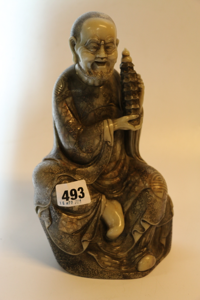 Large late 19th century Chinese soapstone carving of a bearded seated lohan holding a model of a - Image 3 of 18