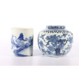Chinese 19th Century blue and white brush pot depicting a fisherman by a river in a mountainous