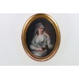 19th century porcelain plaque depicting portrait of a female holding Roman style oil lamp,