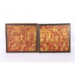 Pair of early 20th century Chinese carved panels depicting figures in a pavilion landscape and