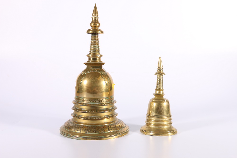 19th Century Tibetan bronze box in the form of a Stupa, the domed lid revealing an internal box or