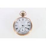 9ct gold cased open face keyless pocket watch, the works engraved W Williams Jones 22 Bangor St