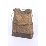 African woven basket with carved wooden frame and braided securing ties, 31cm x 23cm