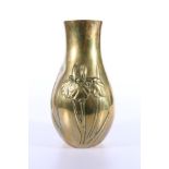 Japanese bronze pear shaped vase with low relief decoration of an iris, impressed seal mark, 23cm,