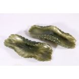 Pair of Chinese carved green hardstone brush washers in the shape of lotus leaves, 21cm