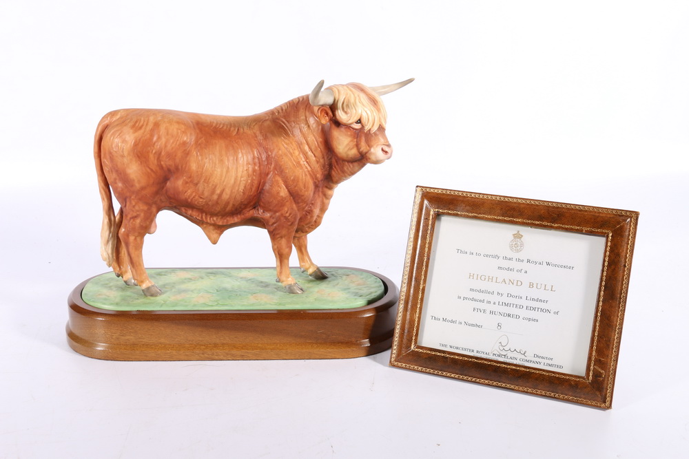 Royal Worcester porcelain model of a Highland Bull modelled by Doris Lindner on wooden plinth base