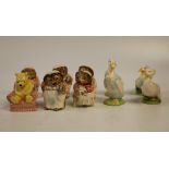 Beatrix Potter porcelain models including Beswick Mrs Tiggy Winkle x2 both with gold backstamp,