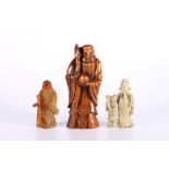 Chinese carved wooden figure of Shou Lao another in agate, 12.5 cm and a soapstone group of a