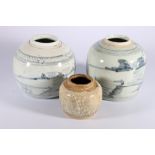 Group of three Chinese ginger jars, two provincial blue and white with landscape decoration, 15.5cm,