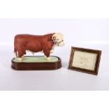 Royal Worcester porcelain model of a Hereford Bull modelled by Doris Lindner on wooden plinth base