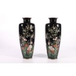 Pair of Japanese cloisonne vases, the dark blue ground with silver wire decoration of birds