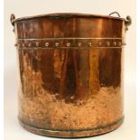 Copper riveted swing handled coal or log bucket, 35cm diameter, 30cm tall