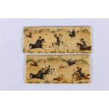 Late 19th Century pair of Iranian painted ivory plaques, depicting a hunting scene, 44 x 97mm and