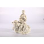 Mid 20th century Chinese blanc de Chine figure of Quan Yin seated on a lion dog, 20cm x 18cm