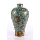 18th Century Chinese cloisonne Mei Ping vase, gilt metal keyfret banding to the neck and foot with