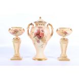 Royal Worcester blush ivory porcelain twin handled urn vase vase and cover with pierced collar and