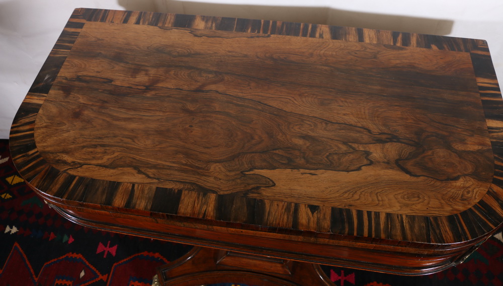 19th century rosewood and coromandel crossbanded fold over games table raised on fielded obelisk - Image 5 of 5