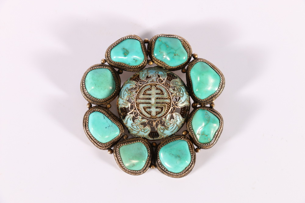 Chinese silver gilt wire work brooch with central enamelled boss decorated with bats around a