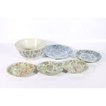 Group of Chinese wares including a blue and white deep bowl with stamped design to the exterior,
