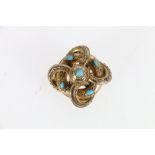 Victorian unhallmarked yellow metal ring brooch with filigree bands set with five turquoise