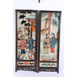 Pair of early 20th Century Chinese back paintings on glass depicting women in a garden setting, wood
