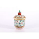 Chinese Straits porcelain cup and cover with elaborate knop, the body decorated with famille rose