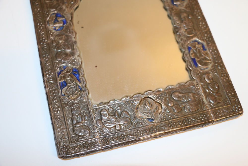Iranian silver and enamel inlaid frame with repousse figure and flower decoration, 22cm x 16cm, - Image 7 of 11