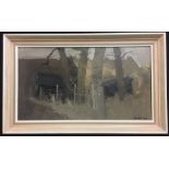 JAMES MORRISON RSA RSW LLD (Scottish 1932-2020), Hen Huts, Signed and dated 1963 oil on board 24cm x