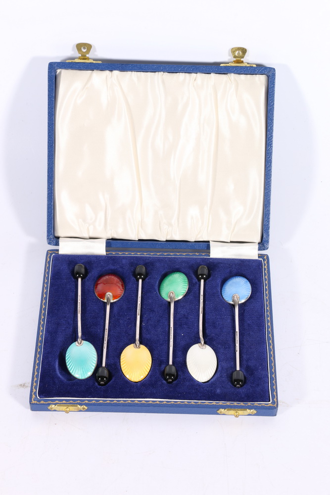 Set of six silver and enamel coffee spoons by Henry Clifford Davis Birmingham 1964 in fitted case