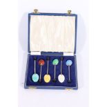 Set of six silver and enamel coffee spoons by Henry Clifford Davis Birmingham 1964 in fitted case