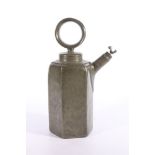 18th century pewter ewer flask with engraved decoration "HGS 1743 cross and birds", penned to