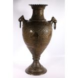 Large 19th Century Indian bronze vase with elephant and ring handles, flaring pie crust rim on