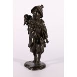 Seiya, Japanese bronze figure of a woman in traditional dress carrying a monkey on her back,