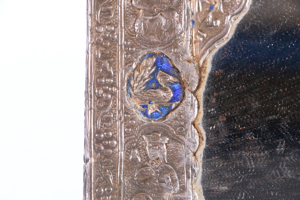 Iranian silver and enamel inlaid frame with repousse figure and flower decoration, 22cm x 16cm, - Image 2 of 11