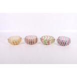 Set of four Italian Latticino glass finger bowls with applied handles, 11cm diameter