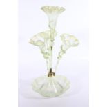 Victorian green vaseline glass table epergne with four trumpet flutes, 55cm tall