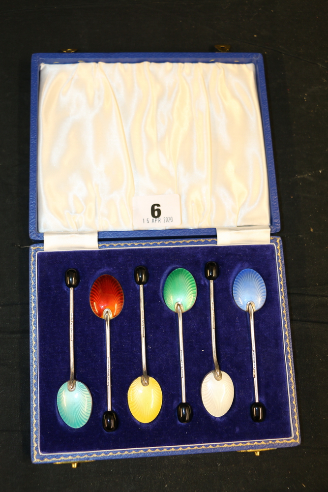 Set of six silver and enamel coffee spoons by Henry Clifford Davis Birmingham 1964 in fitted case - Image 2 of 3