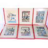 Set of six late 19th or early 20th century Japanese woodblock prints on crepe paper, signed by