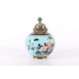 Late 19th Century cloisonne vase of spherical form with domed lid, the body decorated with panels of