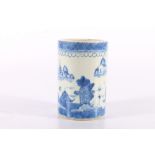 Chinese 19th century blue and white brush pot decorated with landscape scenes, 11.5cm