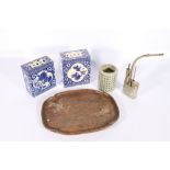 Group of Oriental items including two blue and white porcelain pillows, pipe, brush pot and a