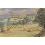 MORTON J. H. COWIE (20TH CENTURY SCOTTISH).Rural landscape with village.Watercolour over pencil.36cm