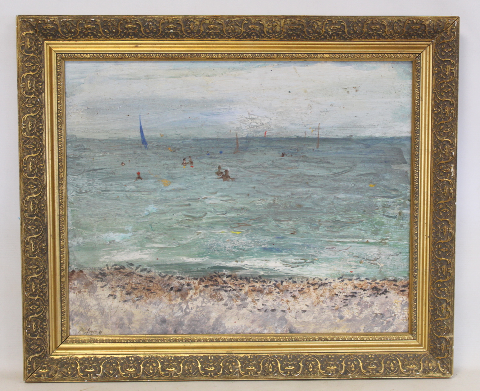 RAE LOVELL, 20TH CENTURY SCHOOL.Bathers at Nice, Promenade des Anglais.Oil on board.39.5cm x 49cm.